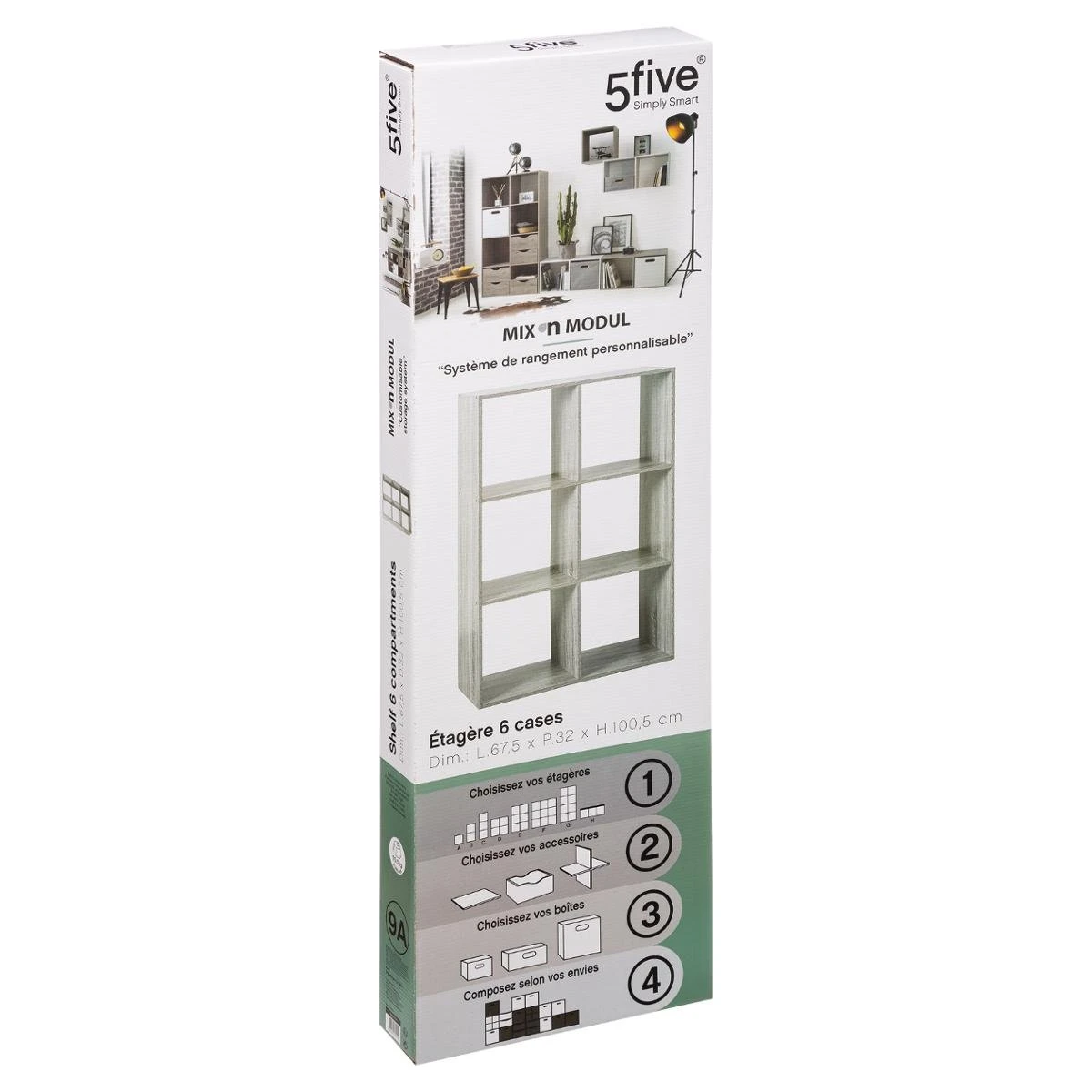 Five ETAGERE BOIS 6 CASES MIX GRIS 2 Five ETAGERE BOIS 6 CASES MIX GRIS – Image 2