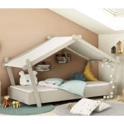 LODGE LIT 90X200 SOMMIER INCLUS GRIS CLAIR